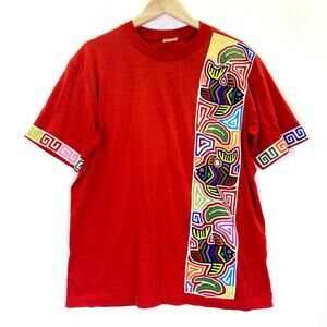 Vintage GALAPAGO MOLA Quilted T-Shirt XL Red Panama Geometric 90's Fish Nature